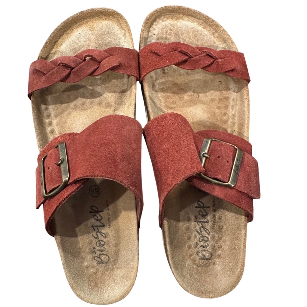 Biostep Womens Red Suede Braided Buckle Cork Footbed Slide Sandals Size 6.5